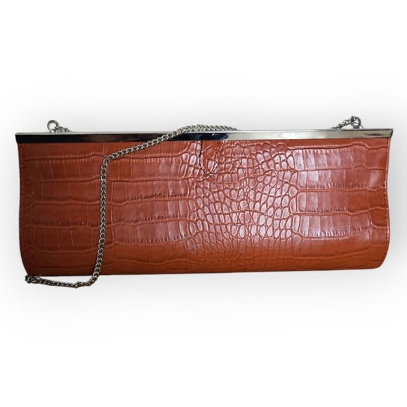 Giovane Rusty Orange Faux Crocodile  Silver Hardware Chain Strap Clutch Bag NWT - Picture 2 of 6